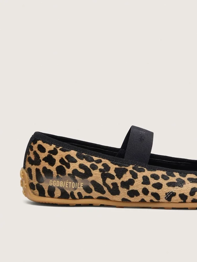 Ballerine Étoile in pelle di pony con stampa leopardata, stella ricamata nera e cinturino elastico
