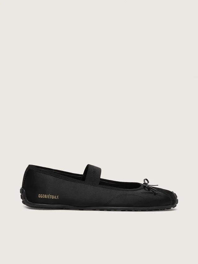 Ballerine Étoile in raso nero con stella ricamata nera e cinturino elastico