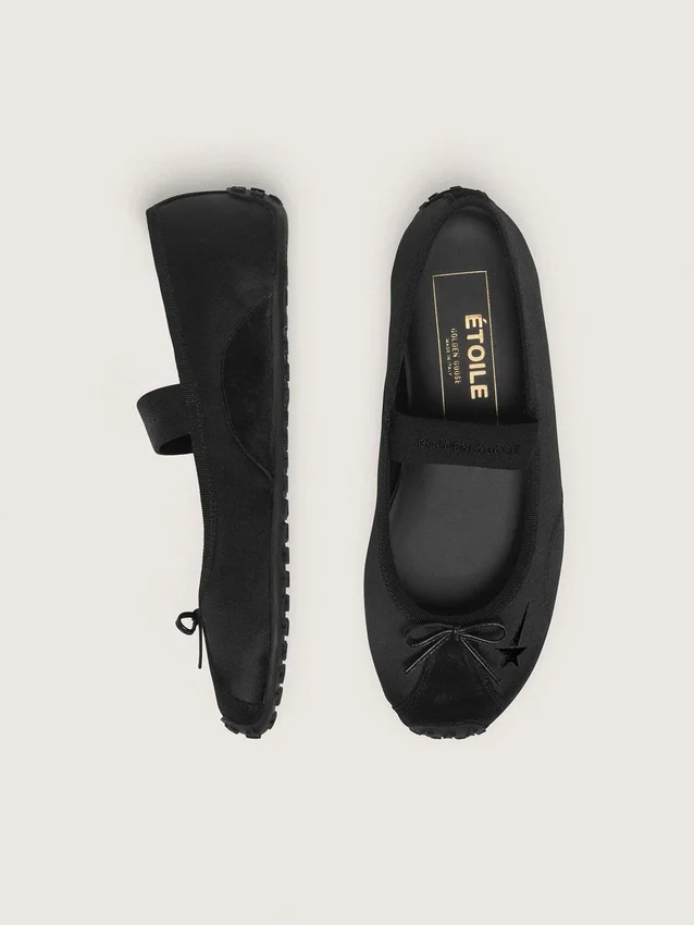 Ballerine Étoile in raso nero con stella ricamata nera e cinturino elastico