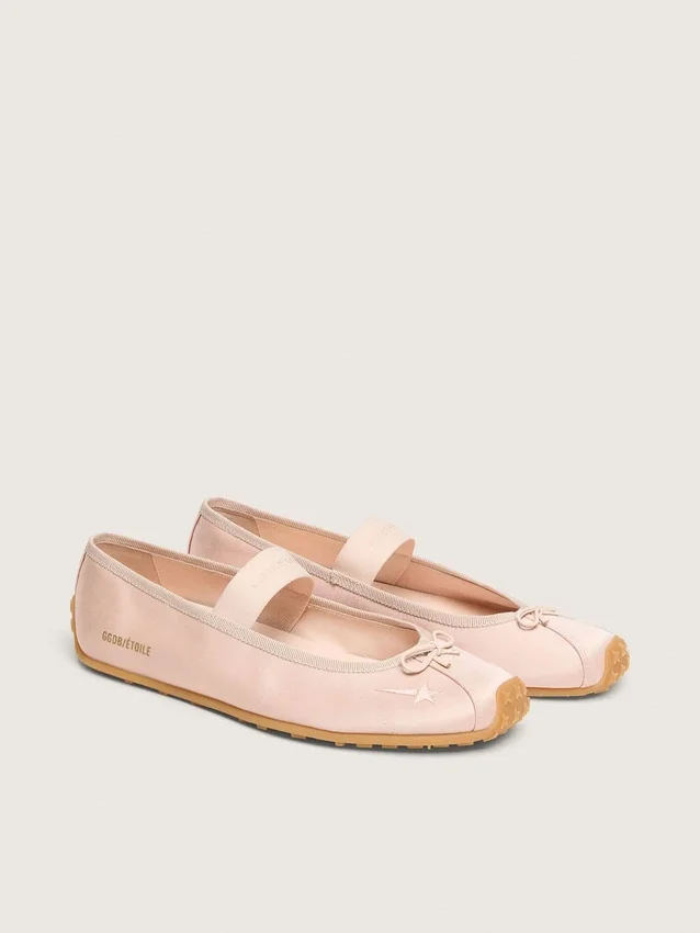 Ballerine Étoile in raso rosa cipria con stella ricamata rosa cipria e cinturino elastico
