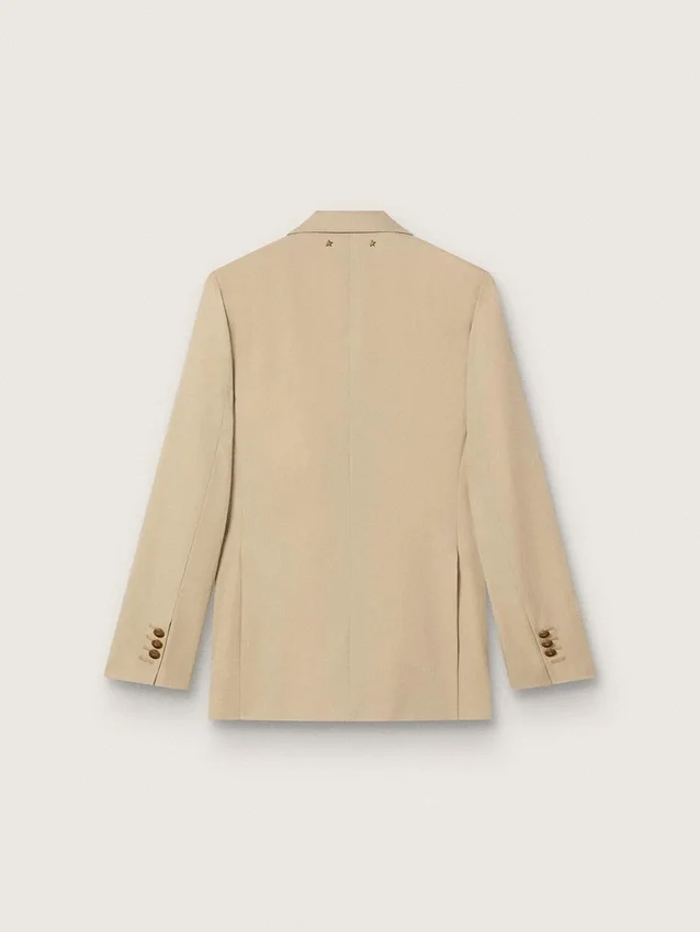 Blazer da donna doppiopetto color sabbia con bottoni araldici dorati