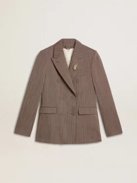 Blazer da donna doppiopetto in misto lana beige a motivo chevron