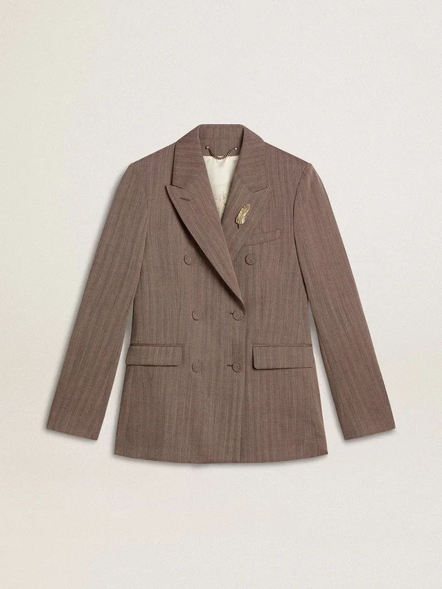 Blazer da donna doppiopetto in misto lana beige a motivo chevron