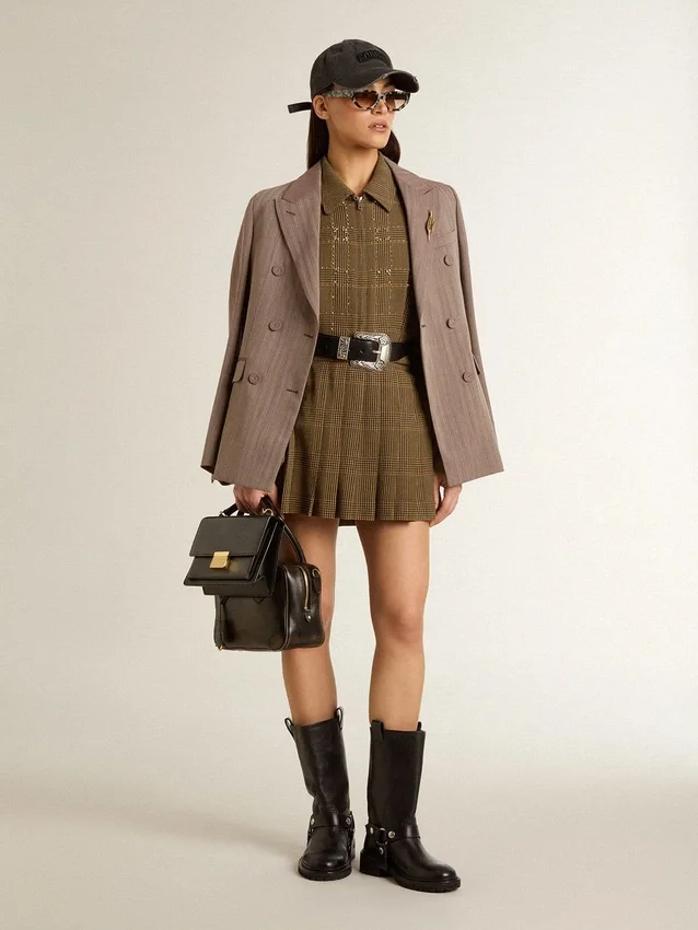 Blazer da donna doppiopetto in misto lana beige a motivo chevron