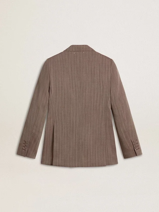 Blazer da donna doppiopetto in misto lana beige a motivo chevron