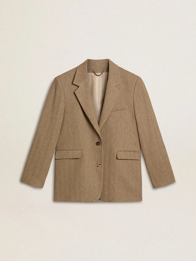 Blazer da donna monopetto in tessuto a spina di pesce color sabbia