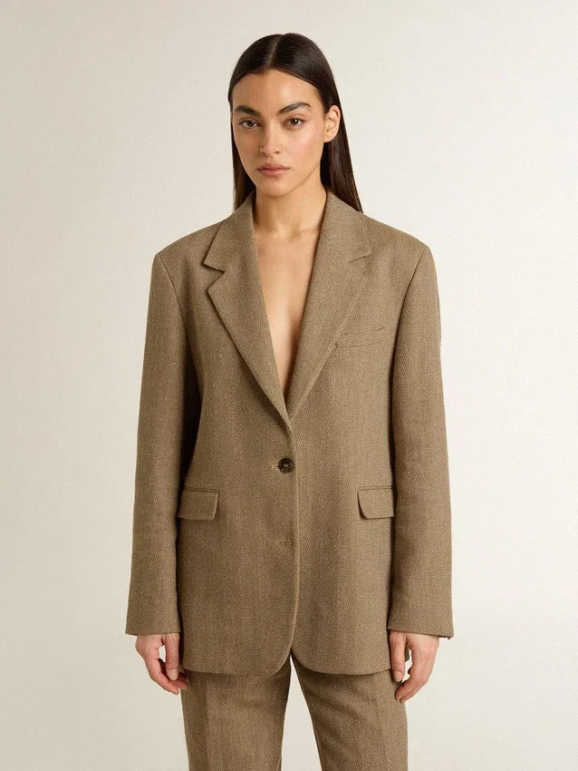 Blazer da donna monopetto in tessuto a spina di pesce color sabbia