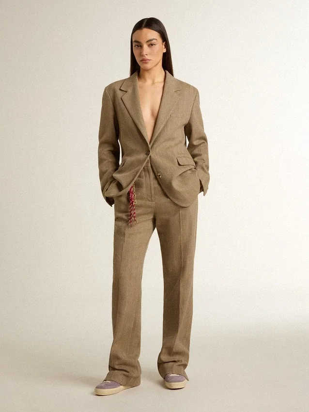 Blazer da donna monopetto in tessuto a spina di pesce color sabbia