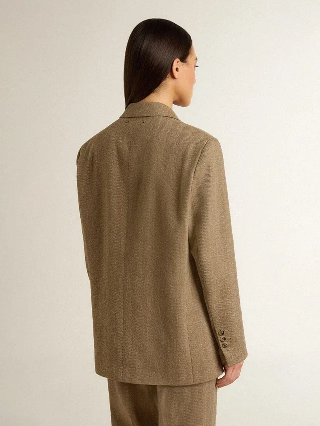 Blazer da donna monopetto in tessuto a spina di pesce color sabbia