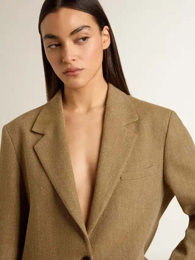 Blazer da donna monopetto in tessuto a spina di pesce color sabbia