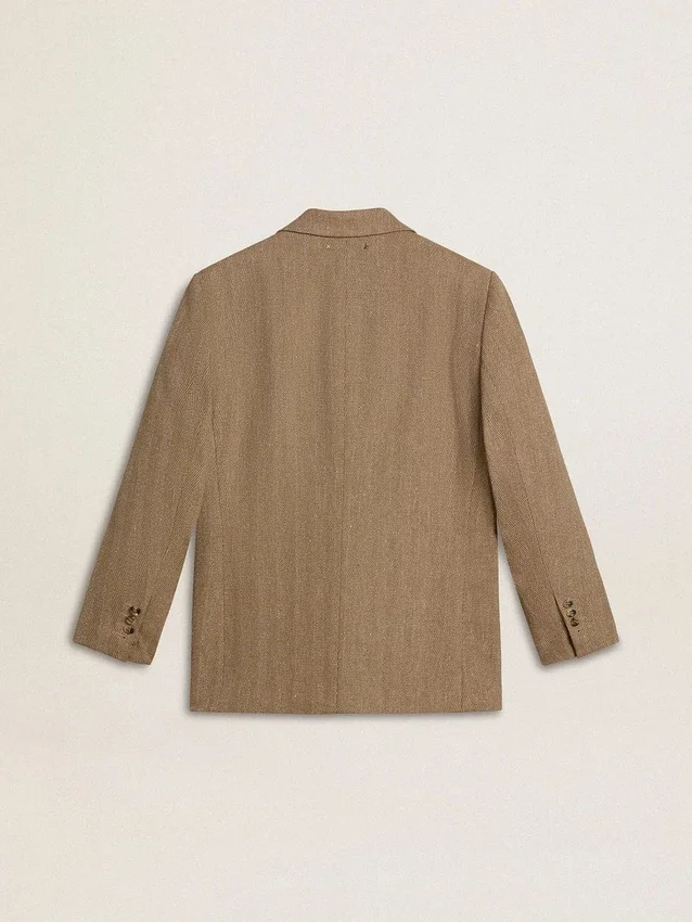 Blazer da donna monopetto in tessuto a spina di pesce color sabbia