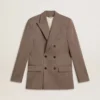 Blazer da uomo beige a doppio petto in misto lana con motivo a chevron