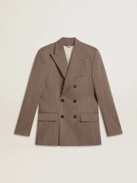 Blazer da uomo beige a doppio petto in misto lana con motivo a chevron