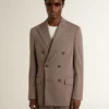 Blazer da uomo beige a doppio petto in misto lana con motivo a chevron