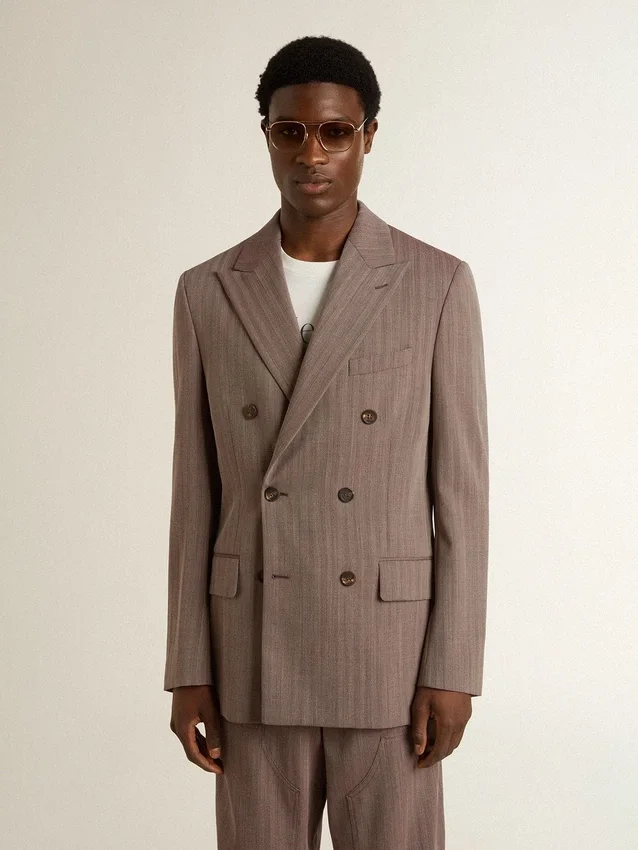 Blazer da uomo beige a doppio petto in misto lana con motivo a chevron
