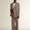 Blazer da uomo beige a doppio petto in misto lana con motivo a chevron