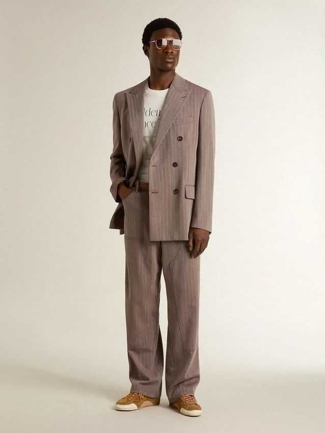 Blazer da uomo beige a doppio petto in misto lana con motivo a chevron