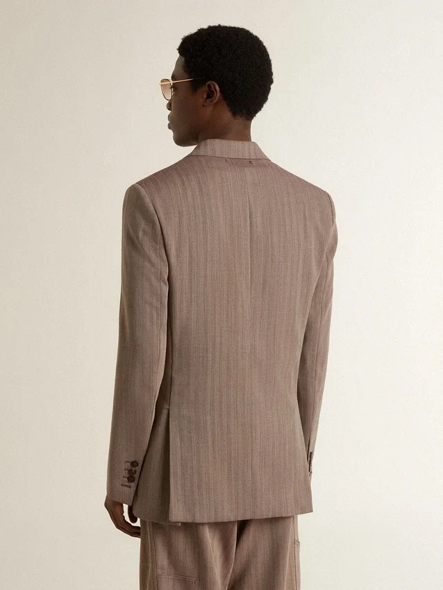 Blazer da uomo beige a doppio petto in misto lana con motivo a chevron