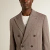 Blazer da uomo beige a doppio petto in misto lana con motivo a chevron