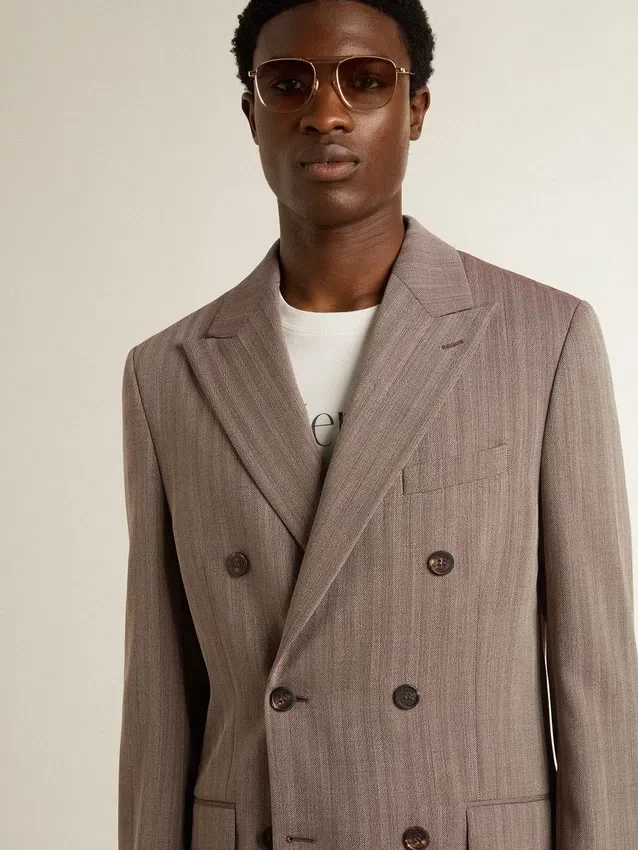 Blazer da uomo beige a doppio petto in misto lana con motivo a chevron