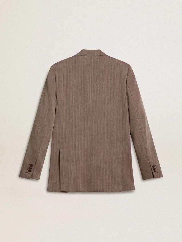 Blazer da uomo beige a doppio petto in misto lana con motivo a chevron