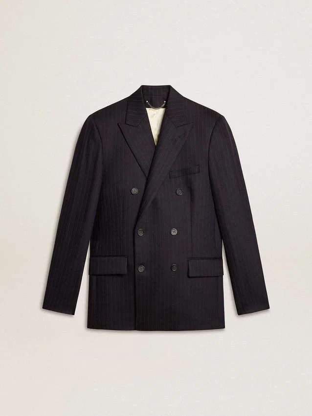 Blazer da uomo blu notte in lana a doppio petto