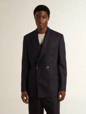 Blazer da uomo blu notte in lana a doppio petto