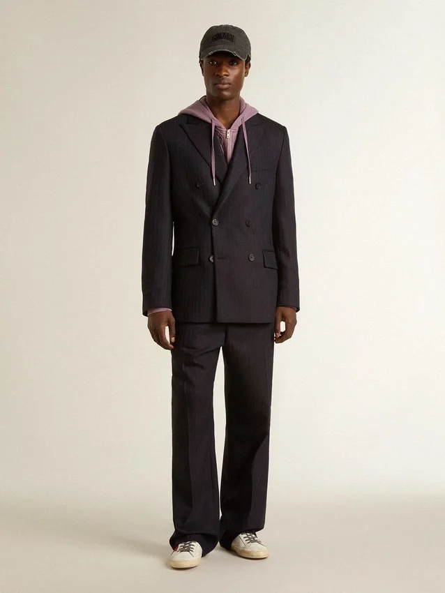 Blazer da uomo blu notte in lana a doppio petto