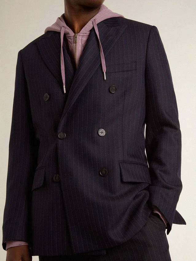 Blazer da uomo blu notte in lana a doppio petto