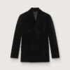 Blazer da uomo doppiopetto in velluto nero con revers in raso nero