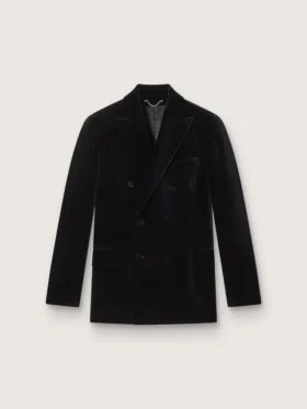 Blazer da uomo doppiopetto in velluto nero con revers in raso nero