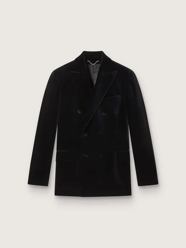 Blazer da uomo doppiopetto in velluto nero con revers in raso nero