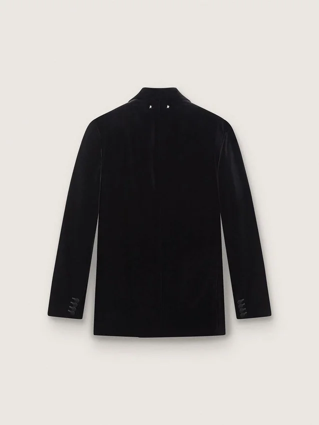 Blazer da uomo doppiopetto in velluto nero con revers in raso nero
