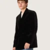 Blazer da uomo doppiopetto in velluto nero con revers in raso nero