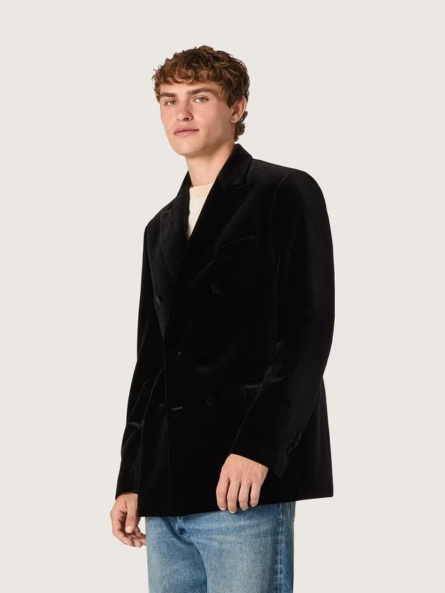 Blazer da uomo doppiopetto in velluto nero con revers in raso nero
