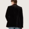 Blazer da uomo doppiopetto in velluto nero con revers in raso nero