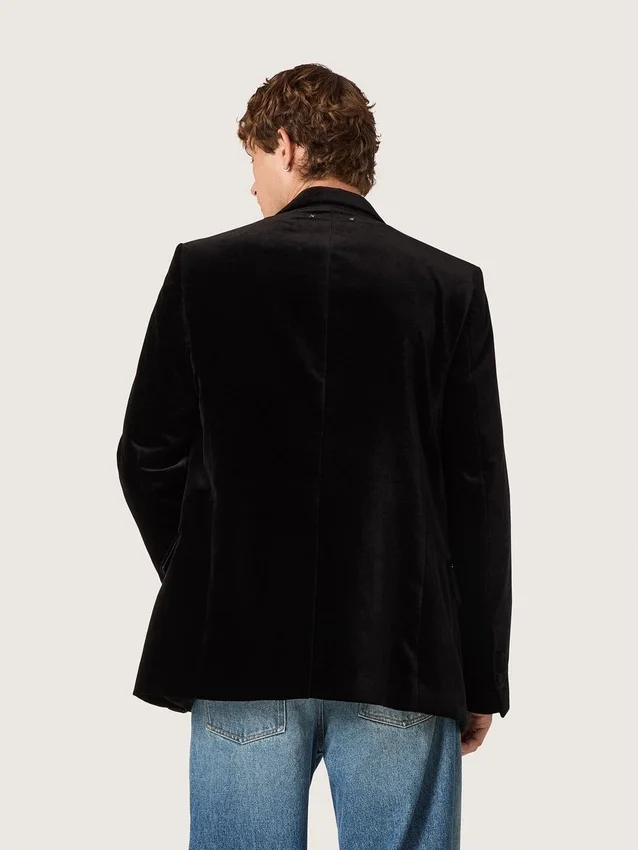 Blazer da uomo doppiopetto in velluto nero con revers in raso nero