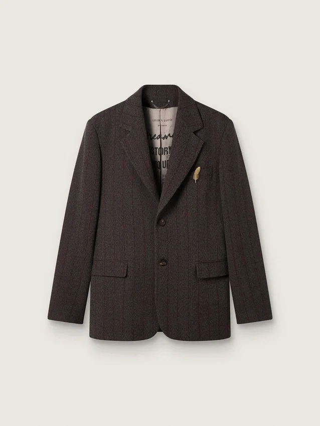 Blazer da uomo monopetto in lana marrone scuro con motivo a righe sottili