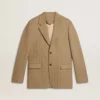Blazer da uomo monopetto in misto lino con motivo a chevron color sabbia.