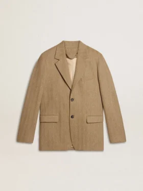 Blazer da uomo monopetto in misto lino con motivo a chevron color sabbia.