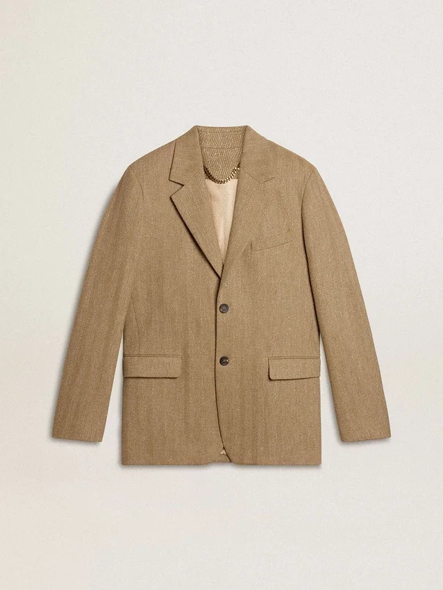 Blazer da uomo monopetto in misto lino con motivo a chevron color sabbia.