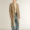 Blazer da uomo monopetto in misto lino con motivo a chevron color sabbia.