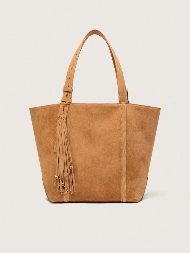 Borsa 24/7 East West in pelle scamosciata color cammello con frange