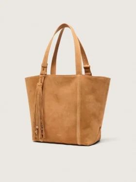 Borsa 24/7 East West in pelle scamosciata color cammello con frange