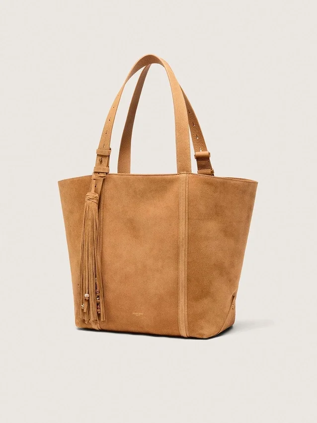 Borsa 24/7 East West in pelle scamosciata color cammello con frange