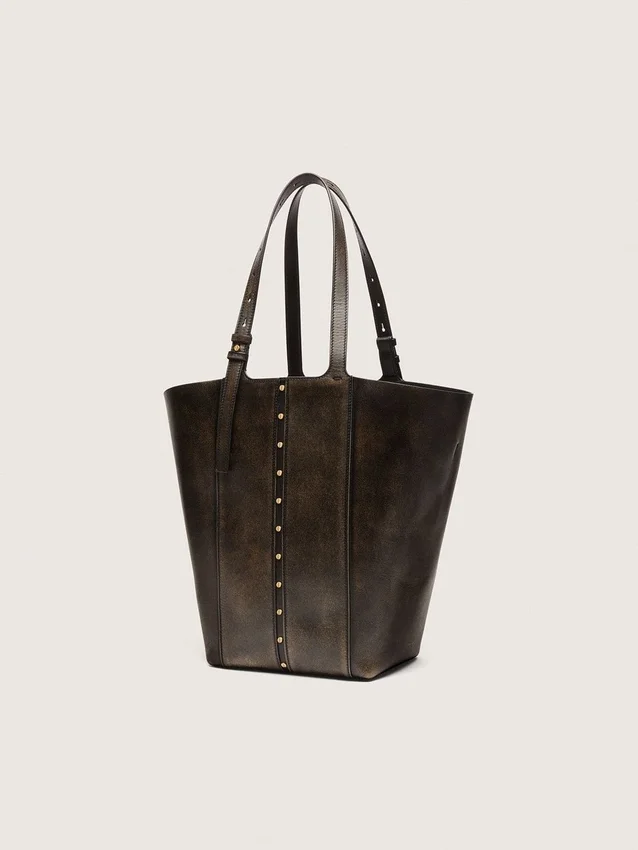 Borsa 24/7 North South in pelle nera invecchiata con manici regolabili