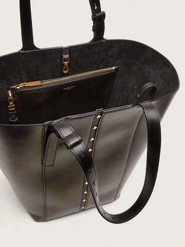Borsa 24/7 North South in pelle nera invecchiata con manici regolabili