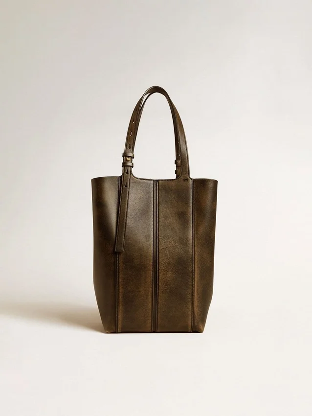 Borsa 24/7 North South in pelle nera invecchiata con manici regolabili