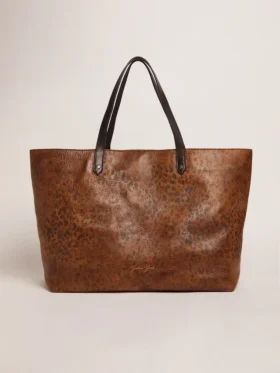 Borsa Pasadena in pelle martellata con stampa leopardata e manici neri a contrasto