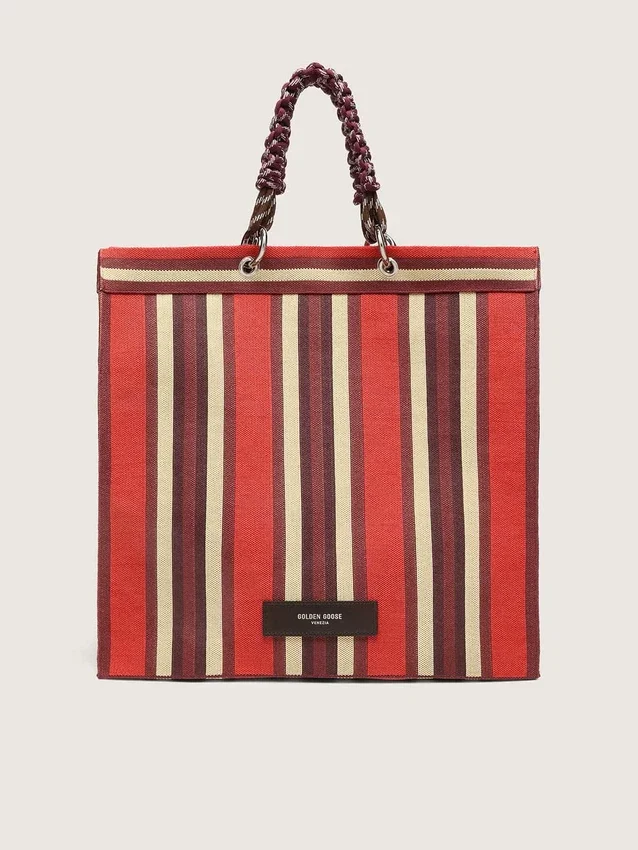 Borsa Spiaggina a righe nei colori rosso, crema e bordeaux